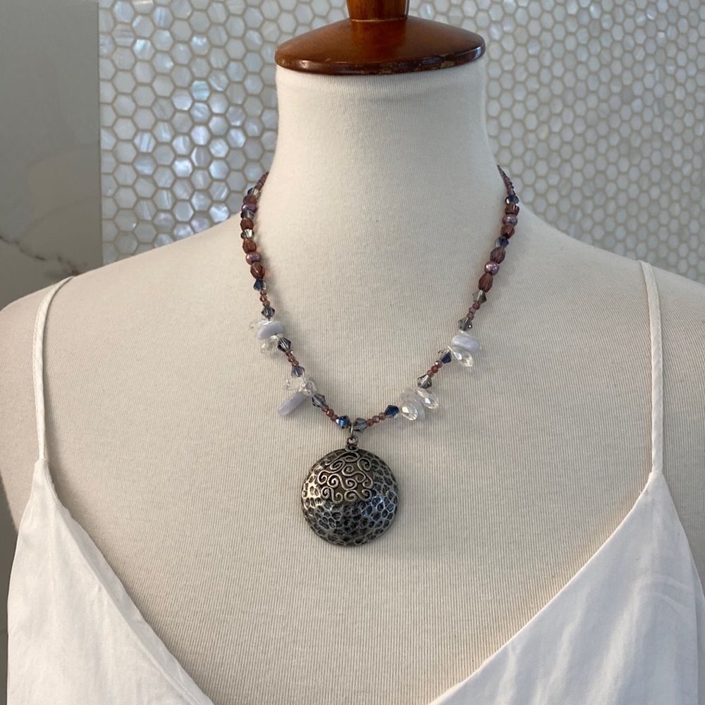 Blue Lace Agate/Freshwater Pearls/Iridescent Glass/Crystal Handmade Necklace EUC